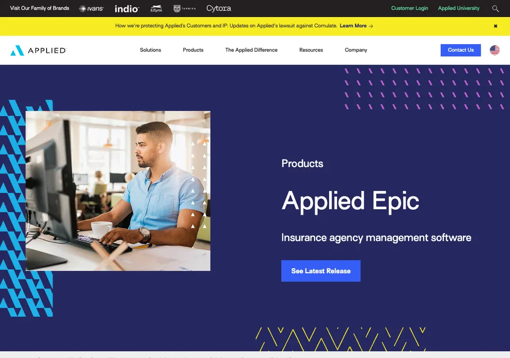 Screenshot of Applied Epic's product page at www1.appliedsystems.com