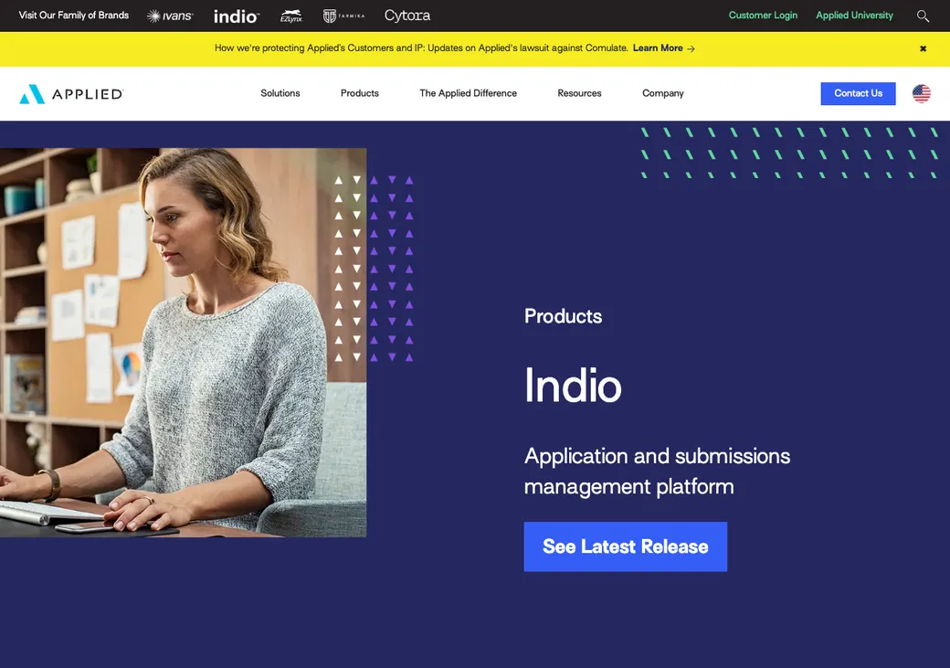 Screenshot of Applied Indio's product page at www1.appliedsystems.com