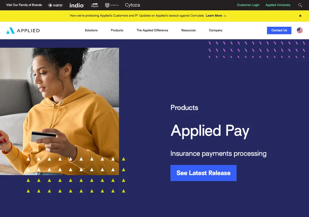 Screenshot of Applied Pay's product page at www1.appliedsystems.com