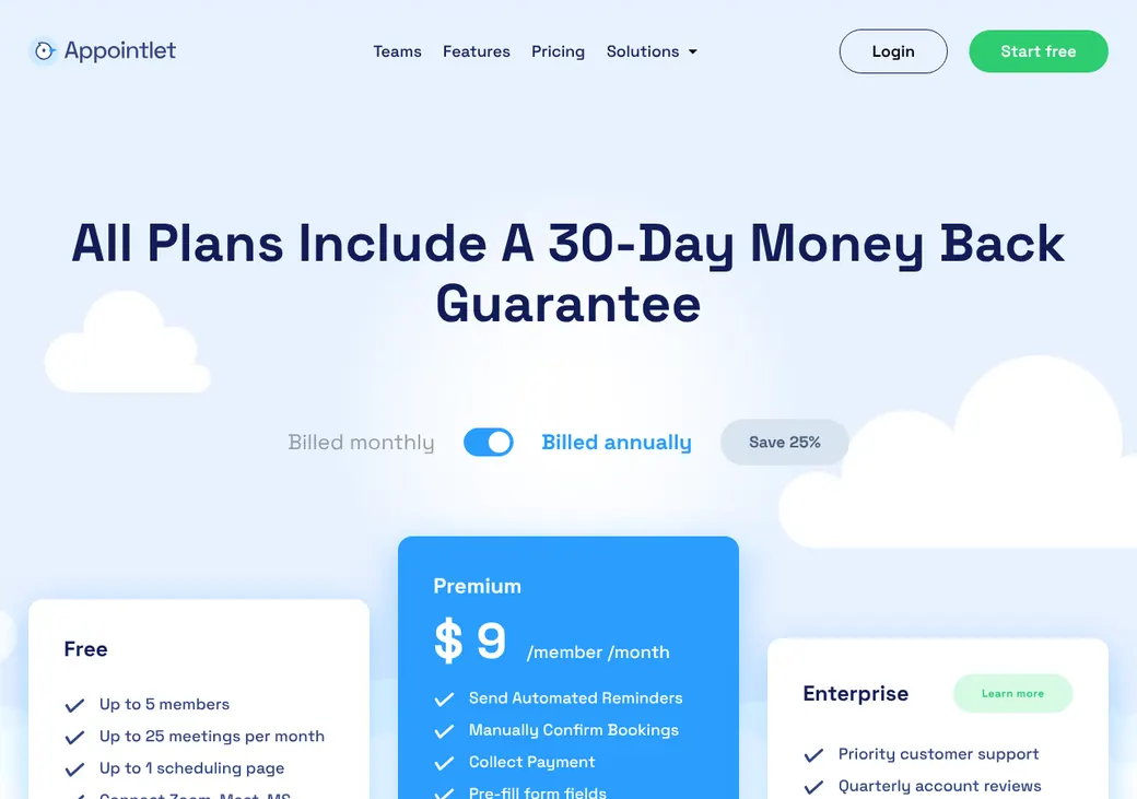 Screenshot of Appointlet's pricing page at appointlet.com