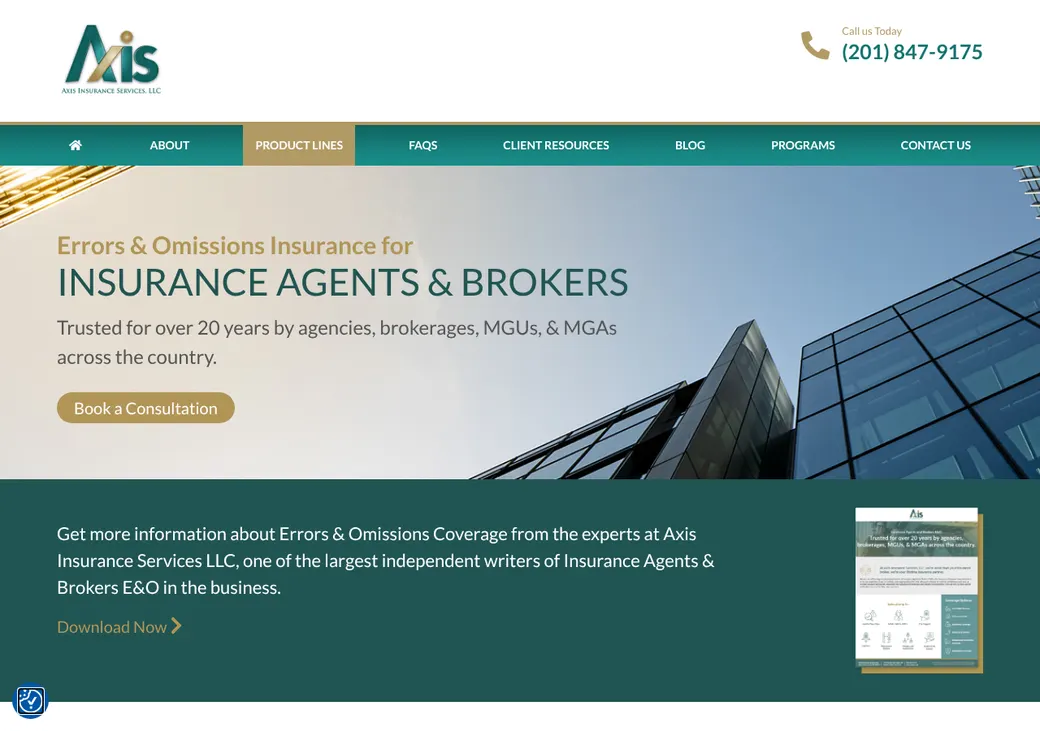 Screenshot of Axis Insurance Services agents and brokers E&O's product page at axisins.com