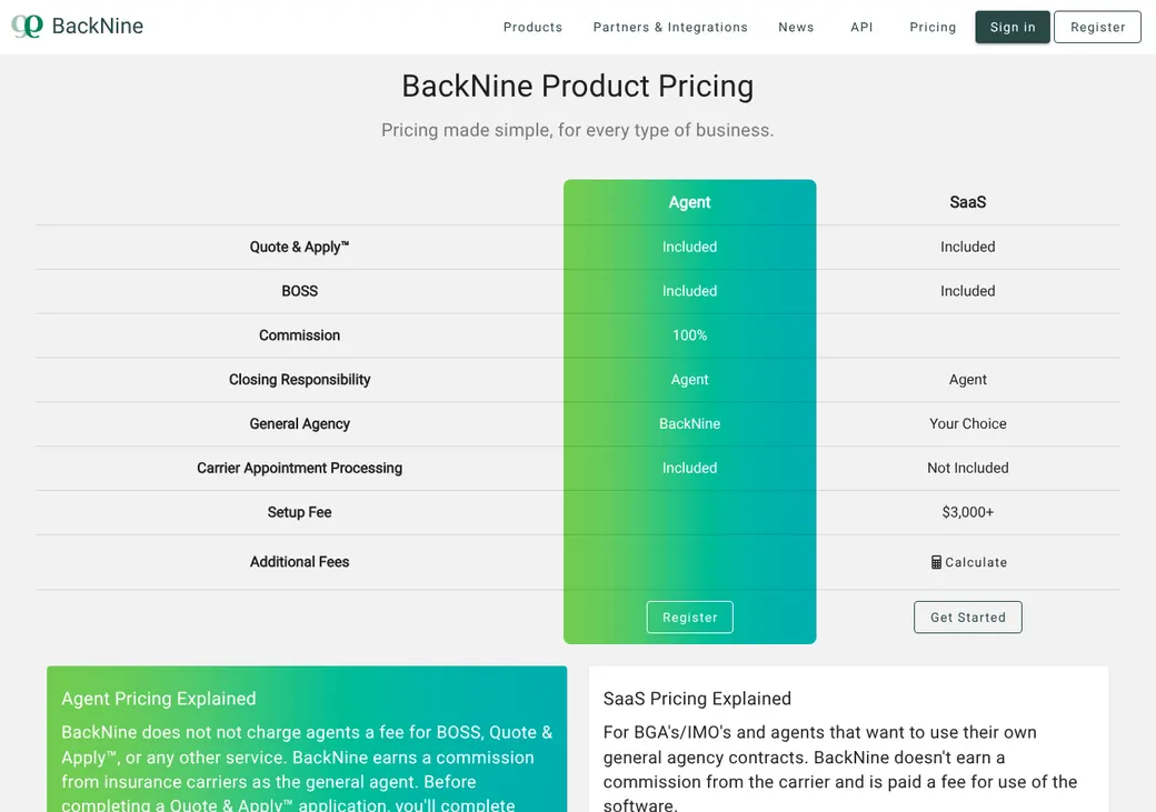Screenshot of BackNine Insurance's pricing page at back9ins.com