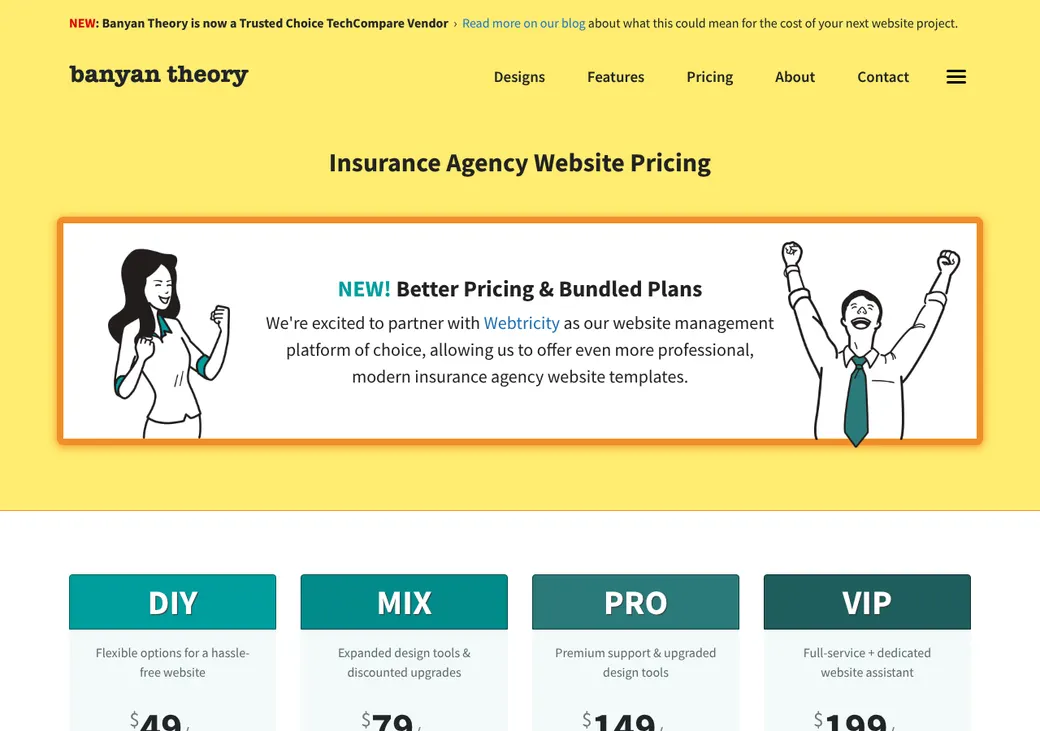 Screenshot of Banyan Theory's pricing page at lightrailsites.com