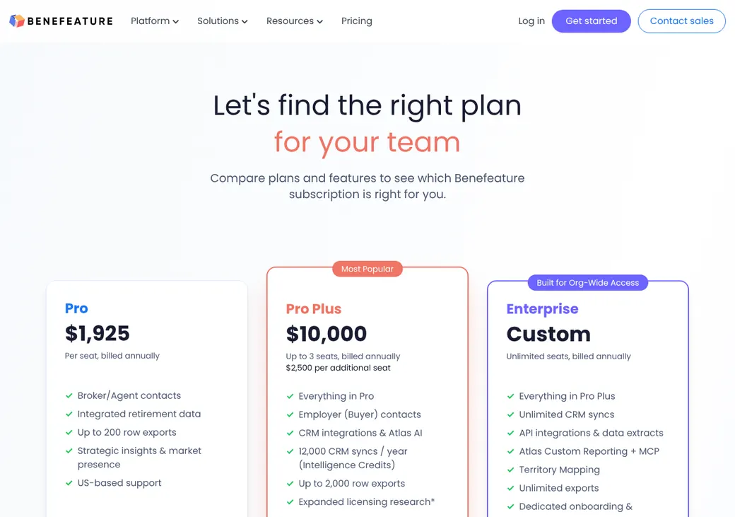 Screenshot of Benefeature's pricing page at benefeature.com