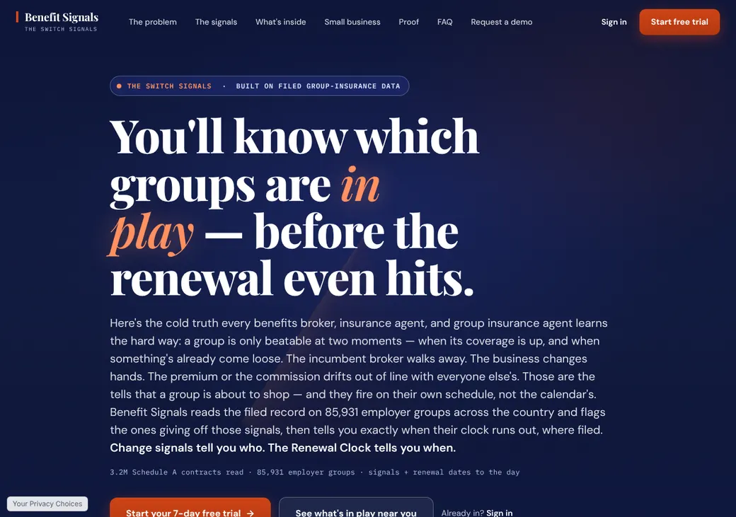 Screenshot of Benefit Signals' home page at benefit-signals.com