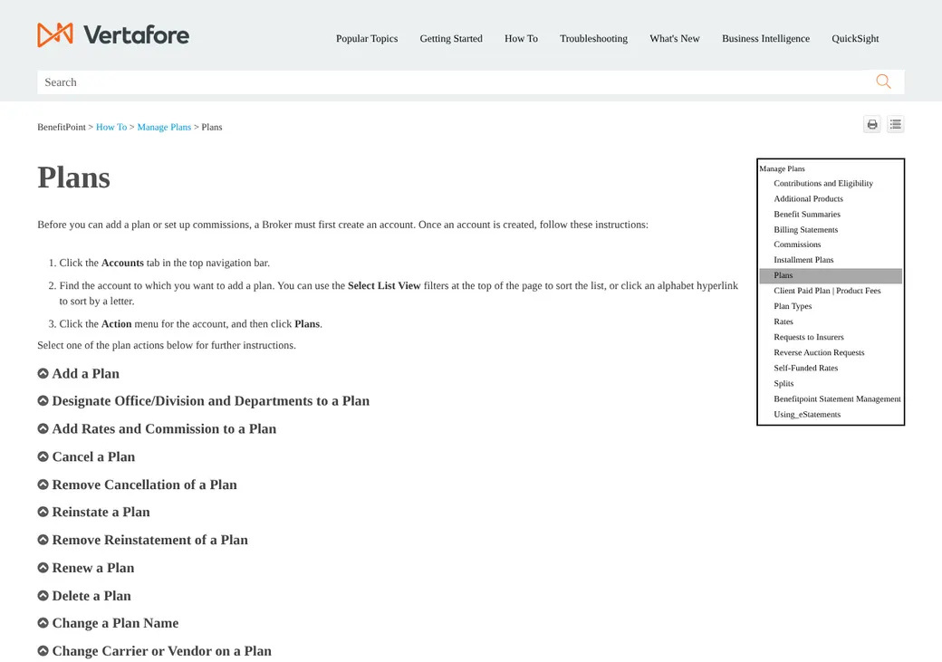 Screenshot of BenefitPoint's pricing page at help.vertafore.com