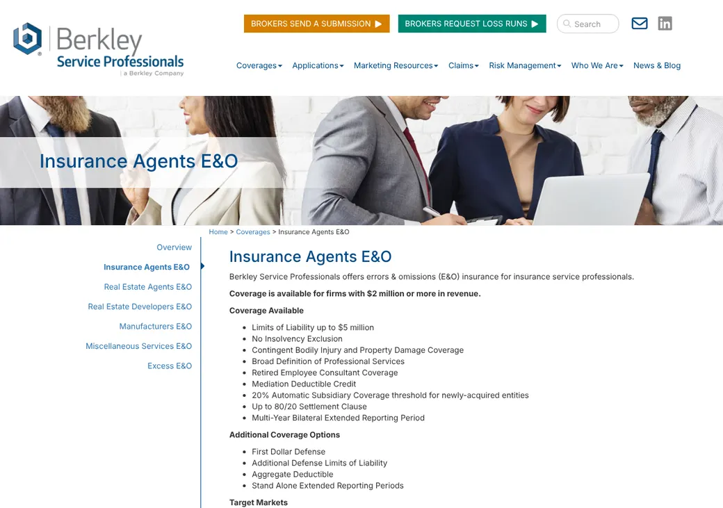 Screenshot of Berkley Service Professionals insurance agent E&O's product page at berkleysp.com