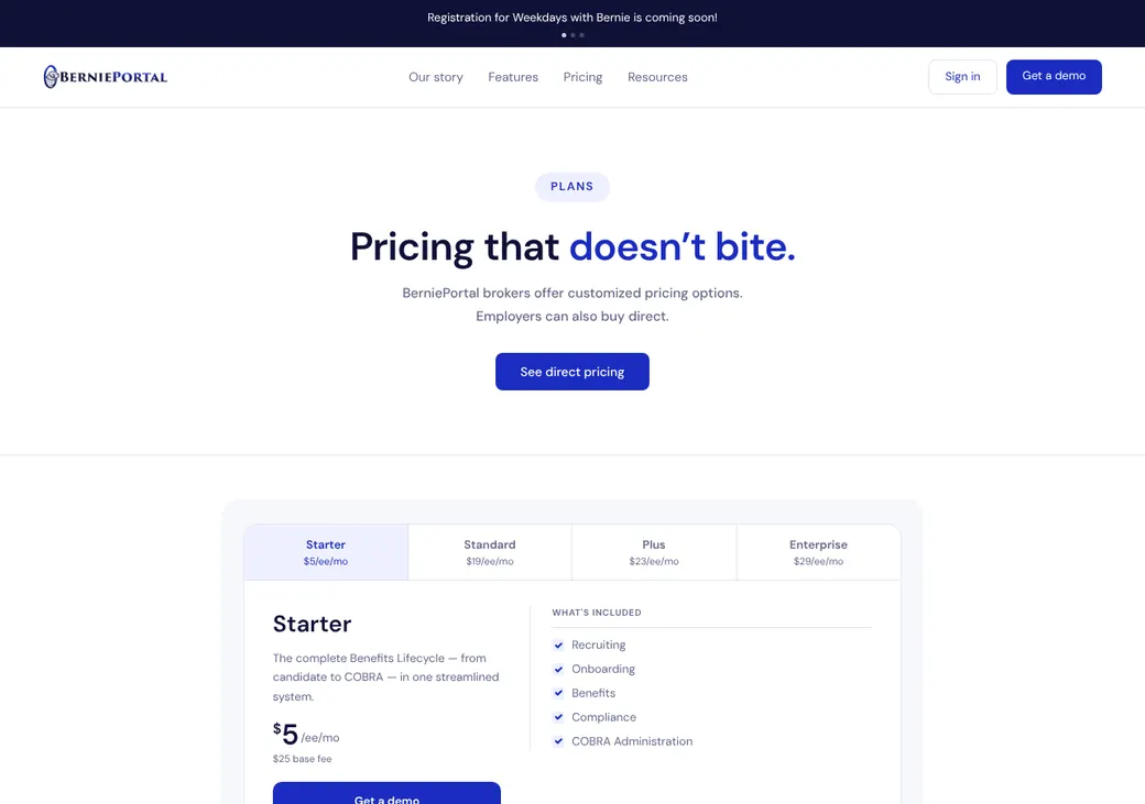 Screenshot of BerniePortal's pricing page at bernieportal.com