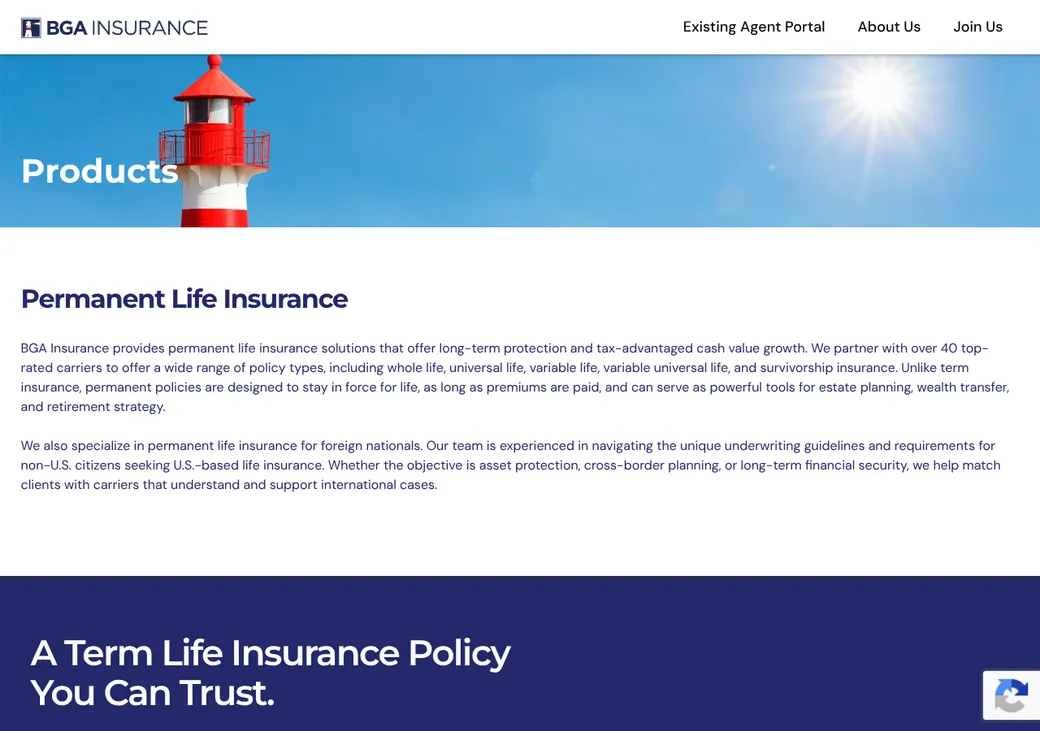 Screenshot of BGA Insurance's product page at bgainsurance.com