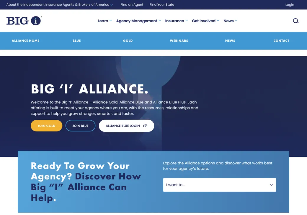 Screenshot of Big I Alliance's home page at independentagent.com