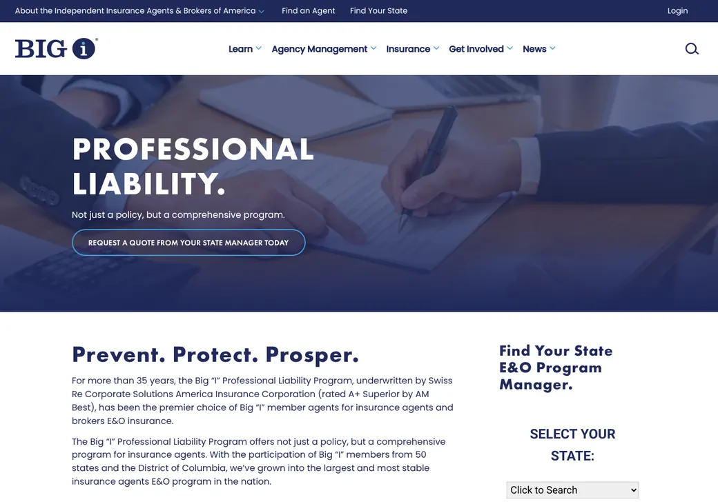 Screenshot of Big I Professional Liability's home page at independentagent.com