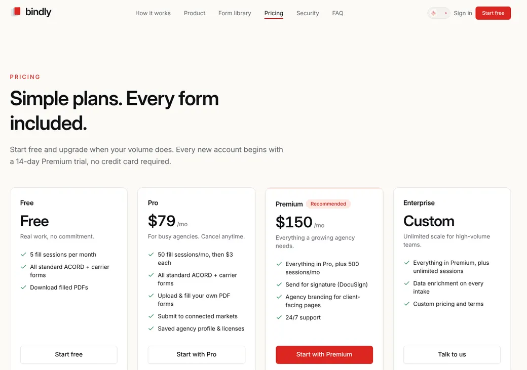Screenshot of Bindly's pricing page at bindly.insure