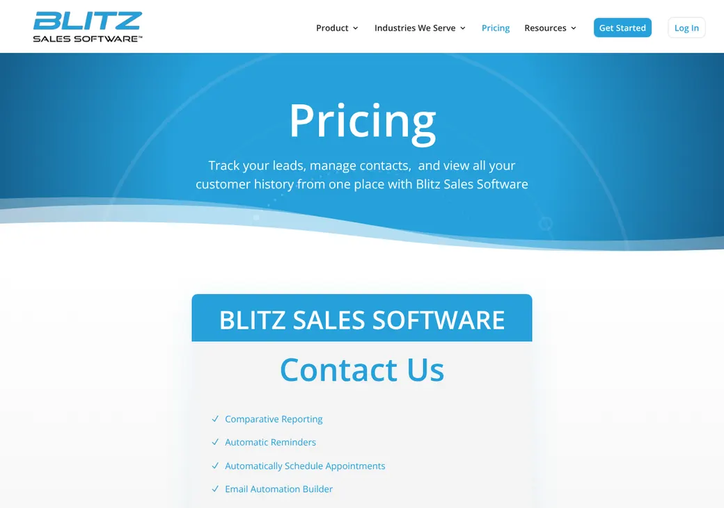Screenshot of Blitz Sales Software's pricing page at nowblitz.com