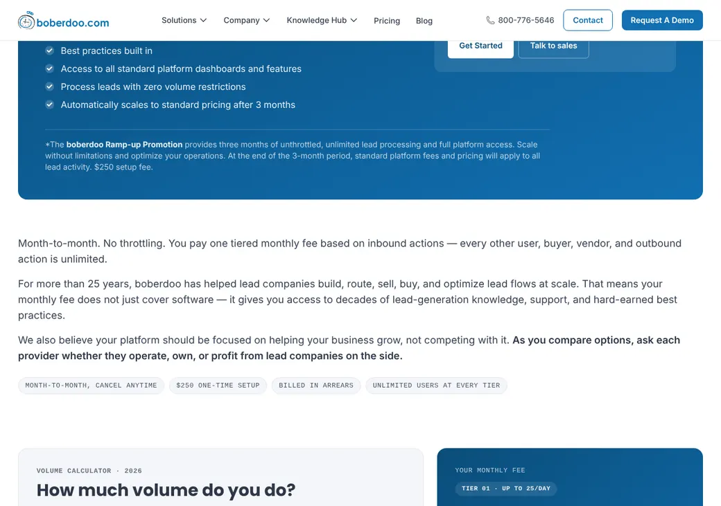 Screenshot of boberdoo's pricing page at boberdoo.com