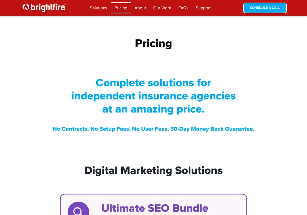 Screenshot of BrightFire's pricing page at brightfire.com
