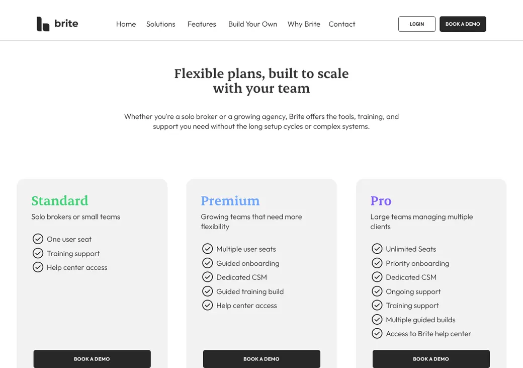 Screenshot of Brite's pricing page at britebenefits.com