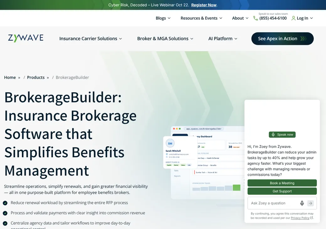 Screenshot of BrokerageBuilder's product page at zywave.com