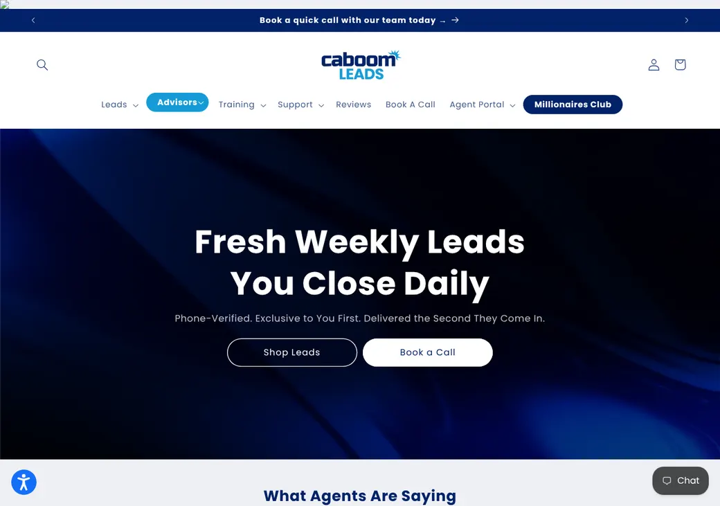 Screenshot of Caboom Leads' home page at caboomleads.com