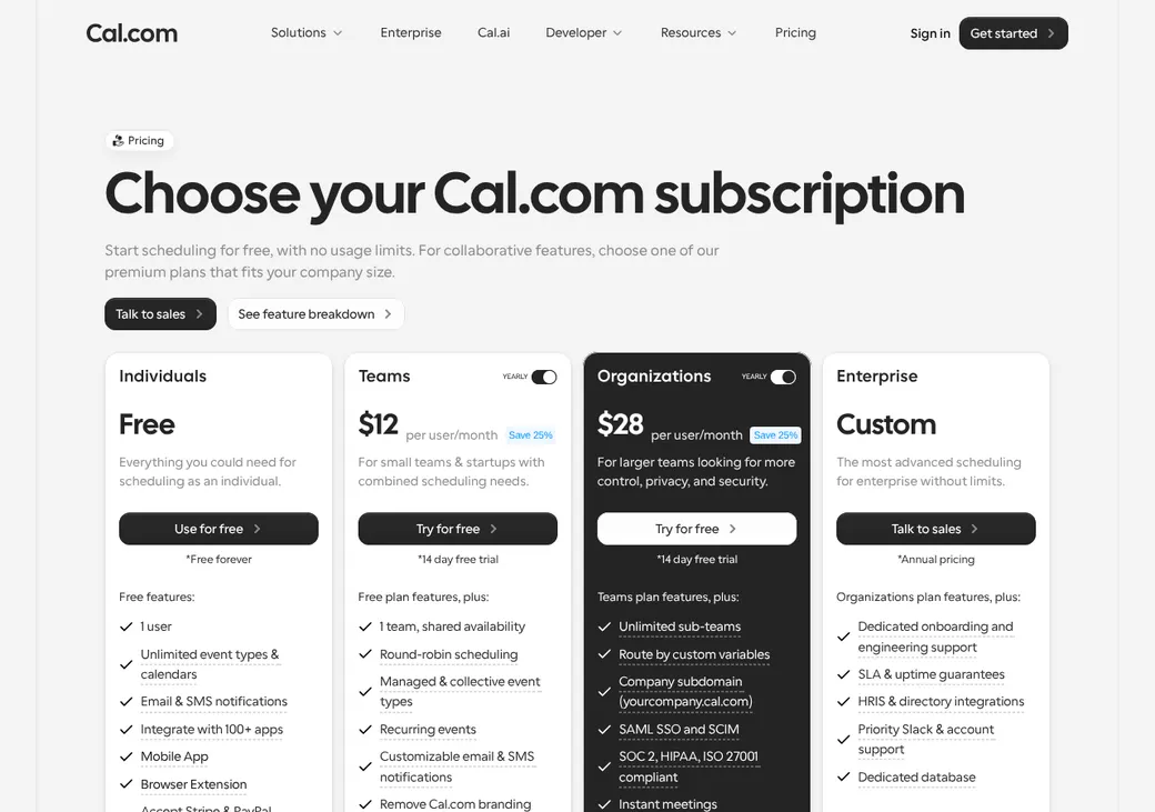 Screenshot of Cal.com's pricing page at cal.com