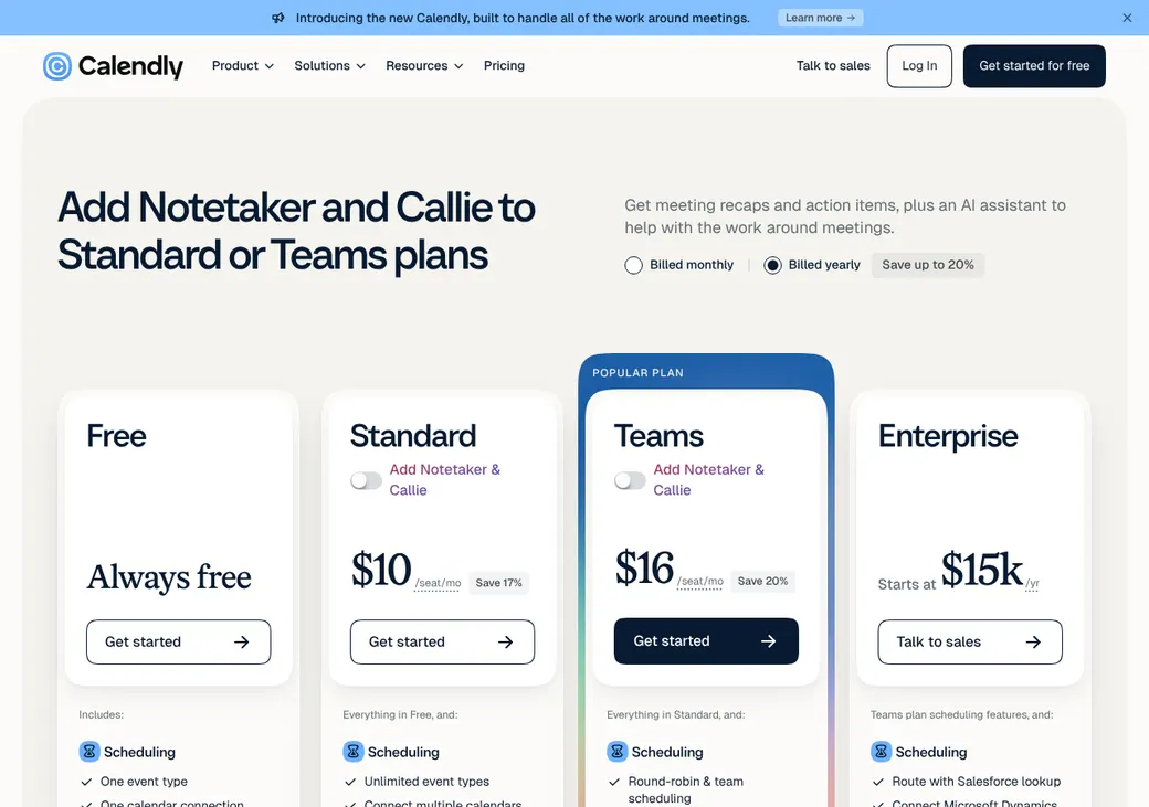 Screenshot of Calendly's pricing page at calendly.com