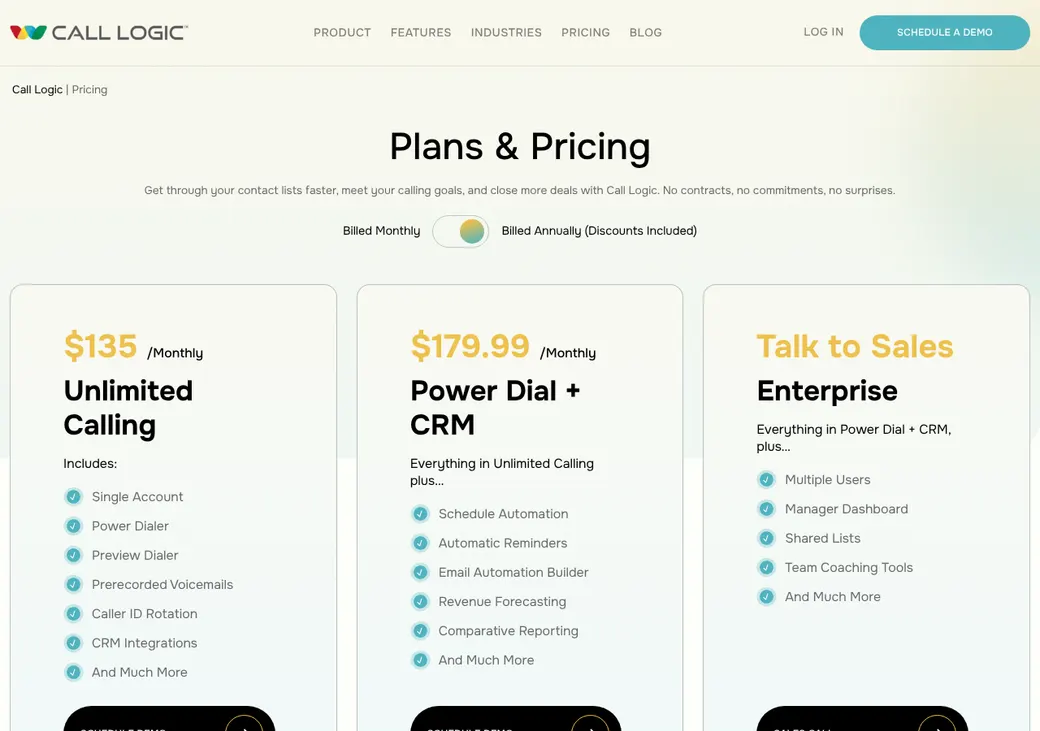 Screenshot of Call Logic's pricing page at calllogic.com