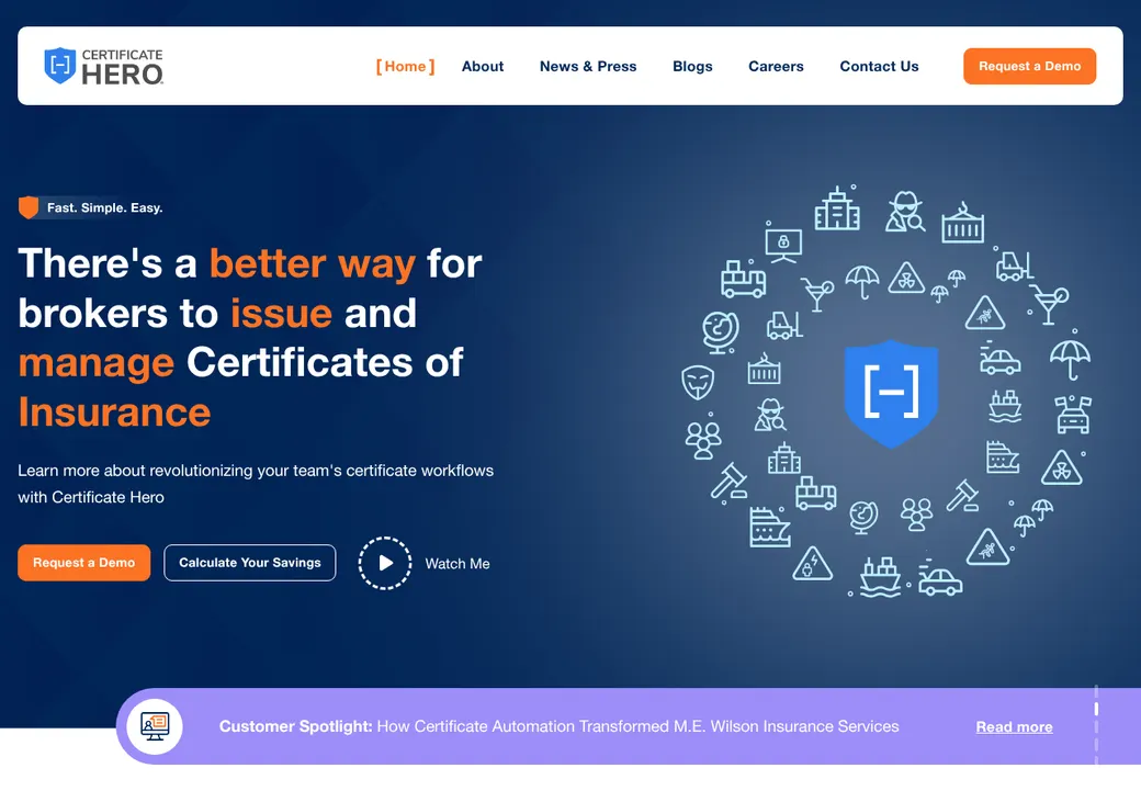 Screenshot of Certificate Hero's home page at certificatehero.com