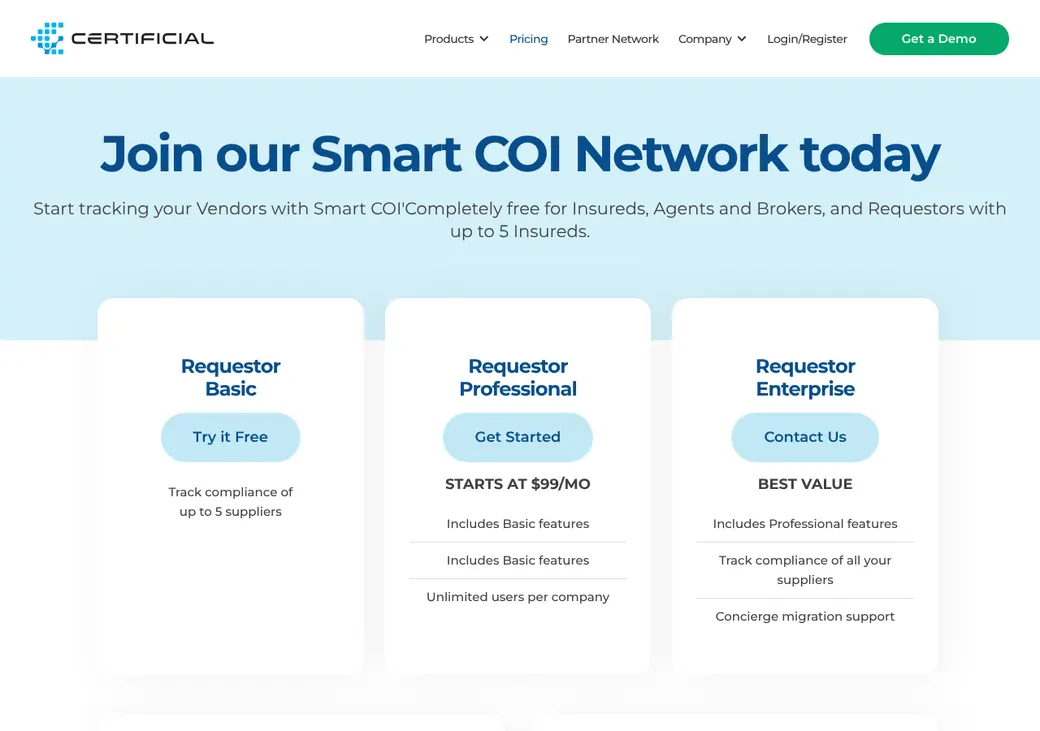 Screenshot of Certificial's pricing page at certificial.com