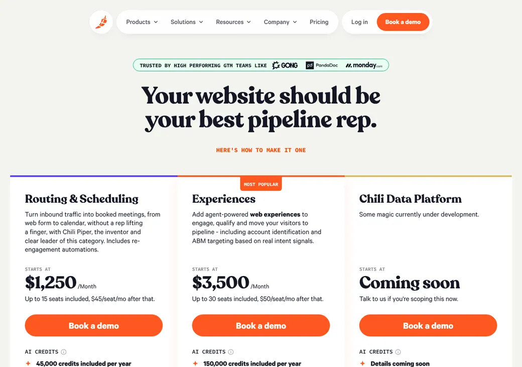 Screenshot of Chili Piper's pricing page at chilipiper.com