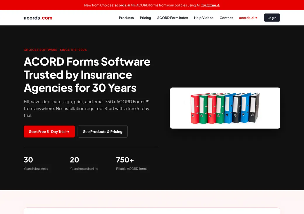 Screenshot of Choices Agency Anywhere and Self Serve Certificates' home page at acords.com