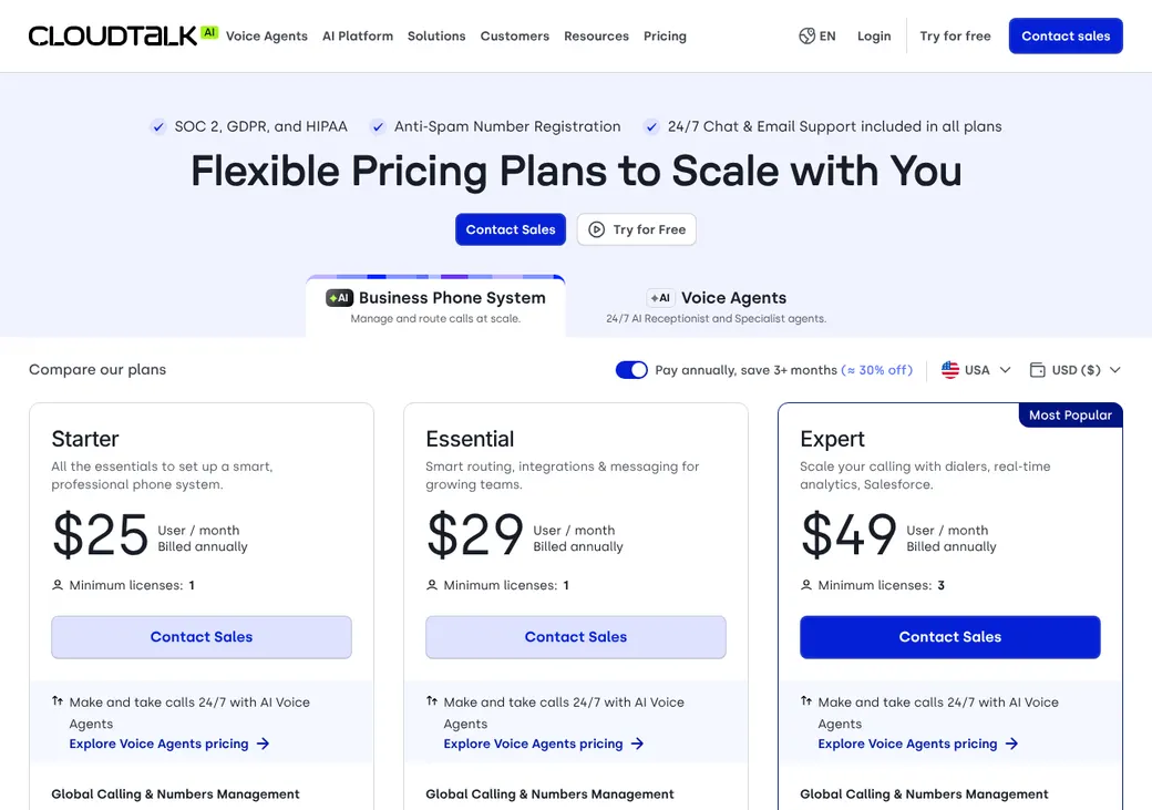 Screenshot of CloudTalk's pricing page at cloudtalk.io