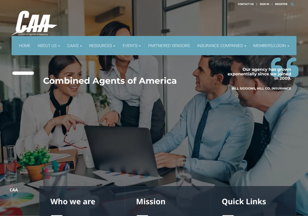 Screenshot of Combined Agents of America's home page at combinedagents.com