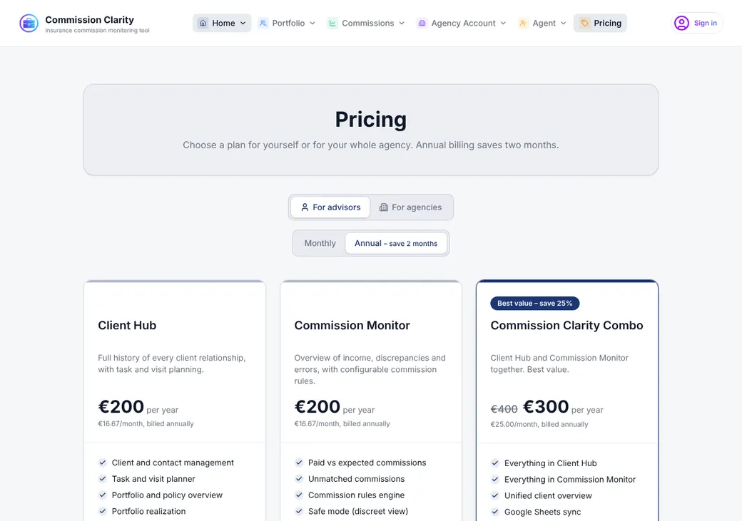 Screenshot of Commission Clarity's pricing page at commissionclarity.app