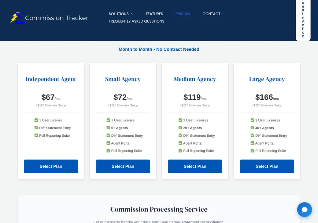Screenshot of Commission Tracker's pricing page at commission-tracker.com
