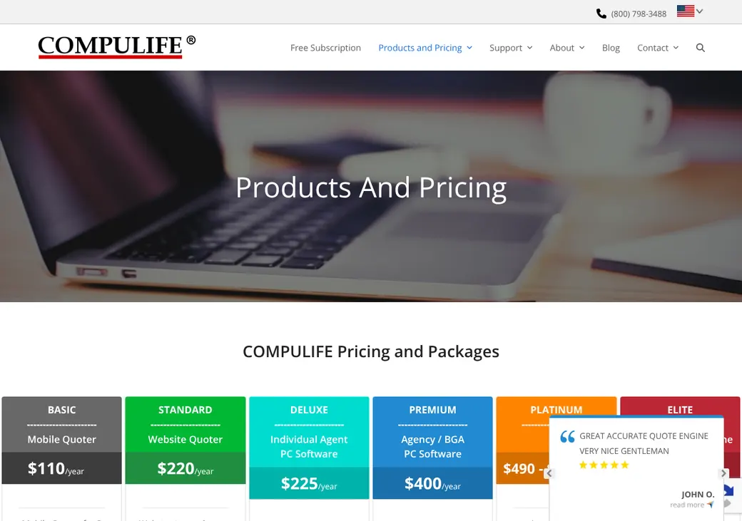 Screenshot of COMPULIFE's product page at compulife.com