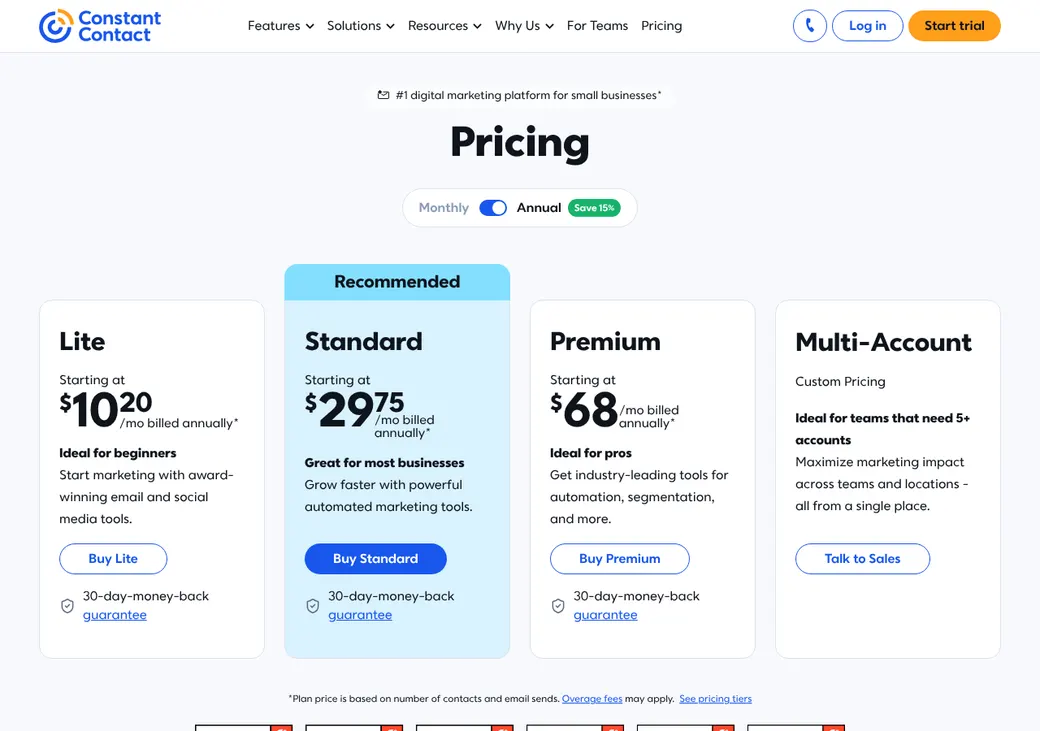 Screenshot of Constant Contact Email Marketing's pricing page at constantcontact.com