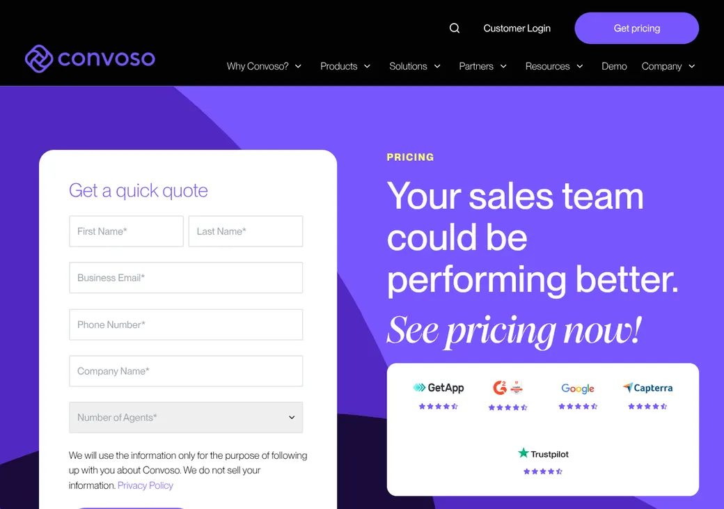 Screenshot of Convoso's pricing page at convoso.com