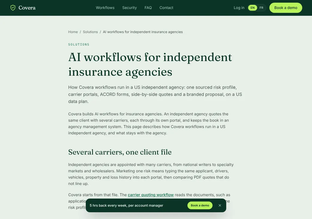 Screenshot of Covera Agents Quote Comparison's product page at covera-agents.com