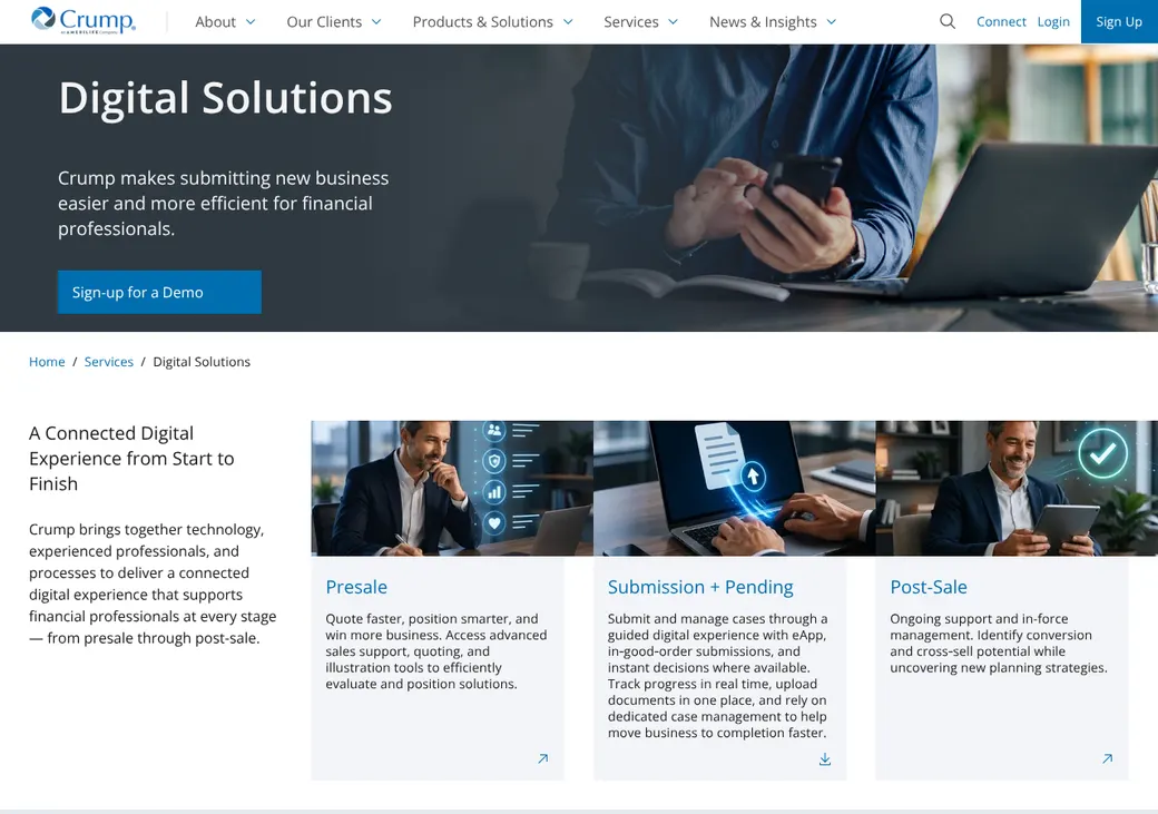 Screenshot of Crump Life Insurance Services' product page at marketing.crump.com
