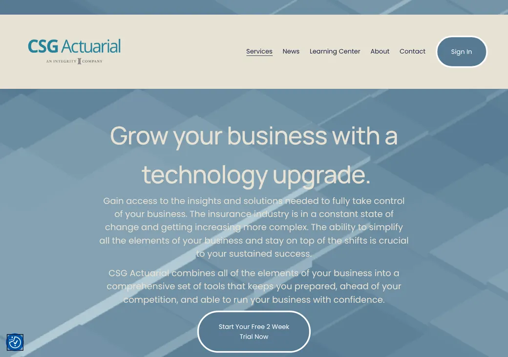Screenshot of CSG MarketAdvisor's home page at csgactuarial.com