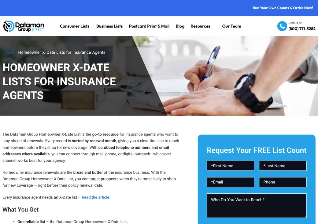 Screenshot of Dataman Group Homeowner X-Date Lists' product page at datamangroup.com