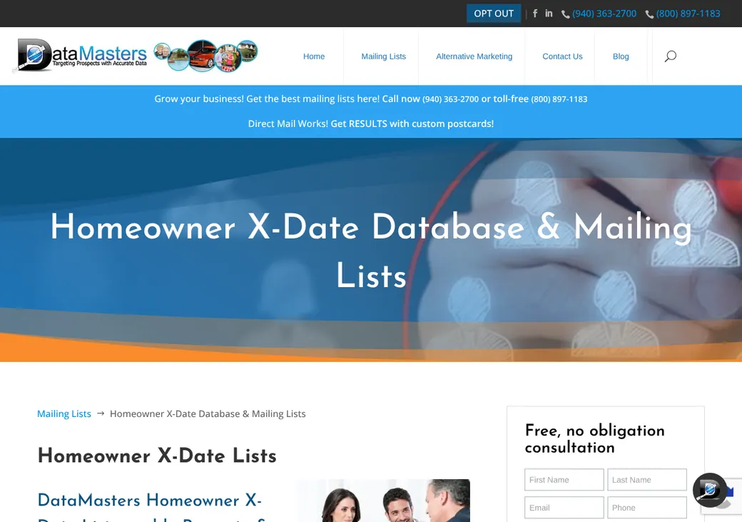 Screenshot of DataMasters Homeowner X-Date Database's product page at datamasters.org
