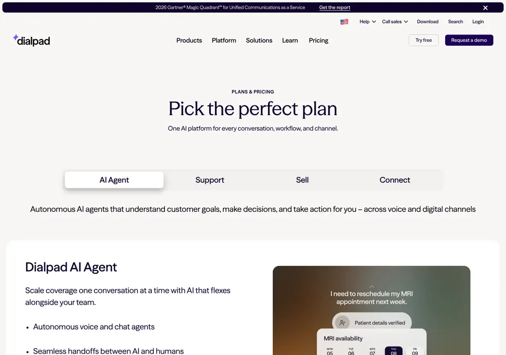 Screenshot of Dialpad's pricing page at dialpad.com