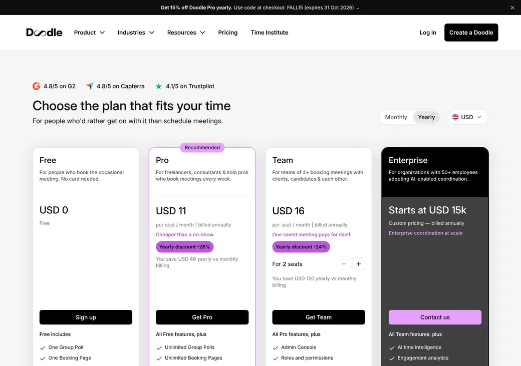 Screenshot of Doodle's pricing page at doodle.com