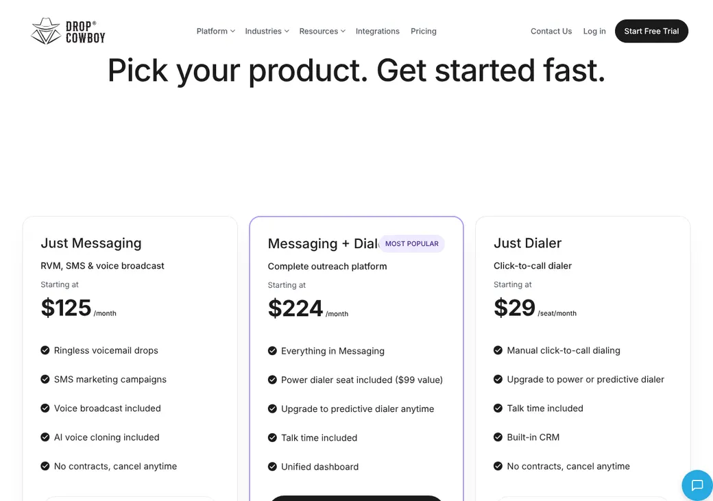 Screenshot of Drop Cowboy's pricing page at dropcowboy.com
