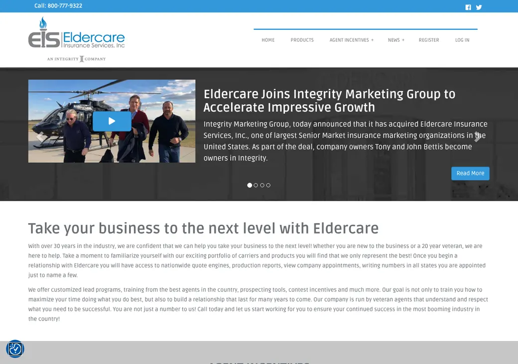 Screenshot of Eldercare Insurance Services' home page at eldercarebroker.com