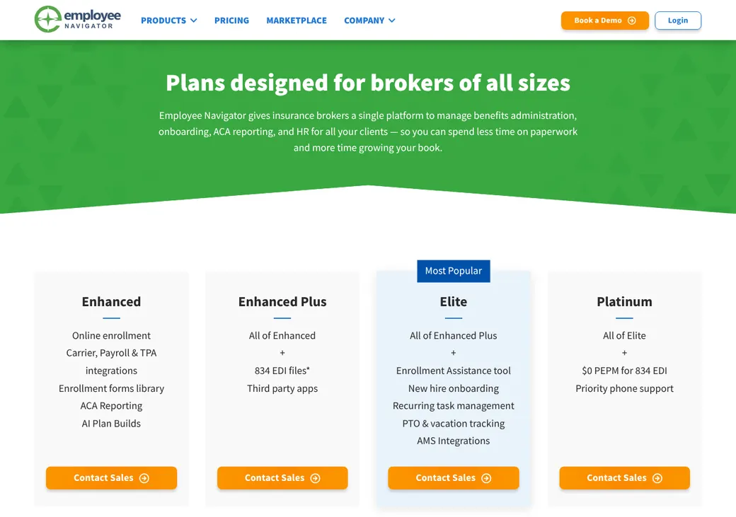 Screenshot of Employee Navigator's pricing page at employeenavigator.com