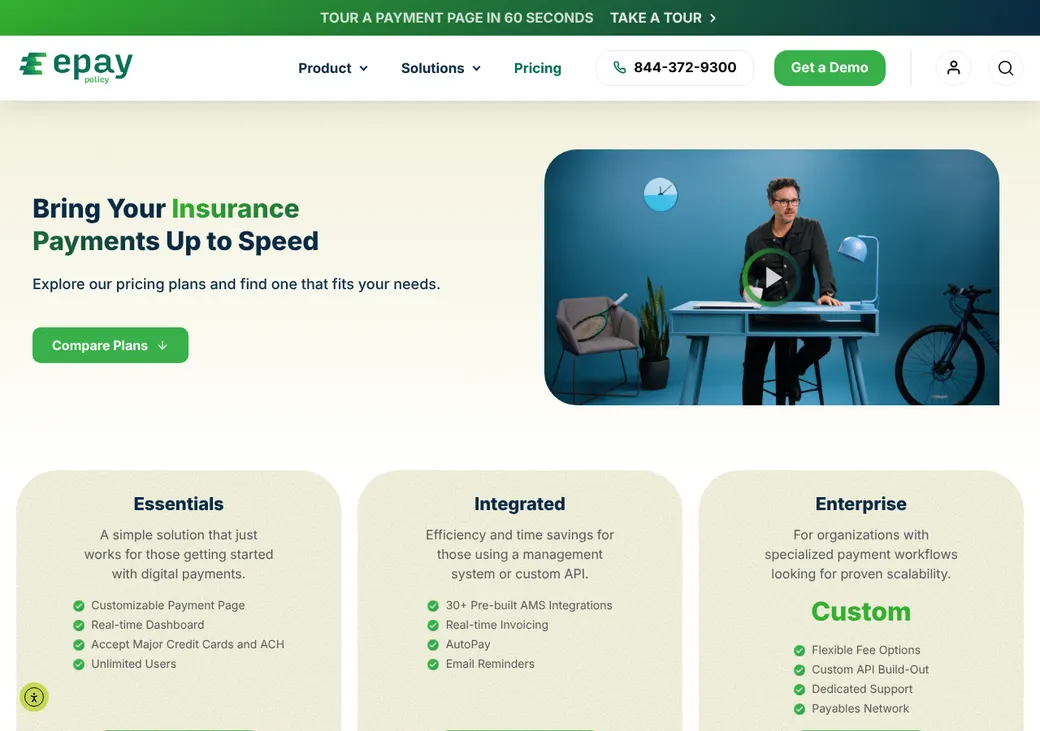 Screenshot of ePayPolicy's pricing page at epaypolicy.com