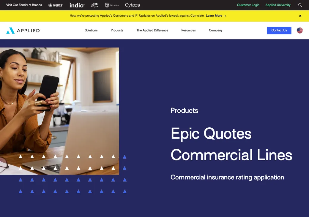 Screenshot of Epic Quotes Commercial Lines' product page at www1.appliedsystems.com