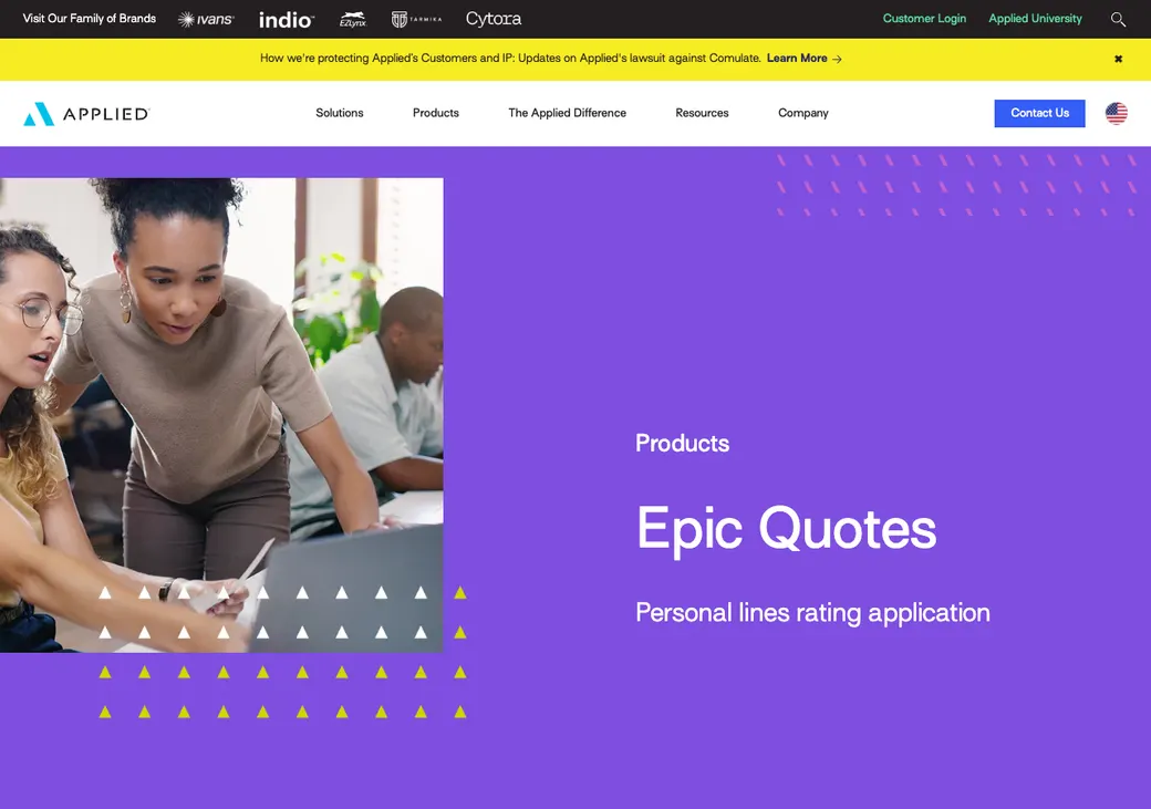 Screenshot of Epic Quotes Personal Lines' product page at www1.appliedsystems.com