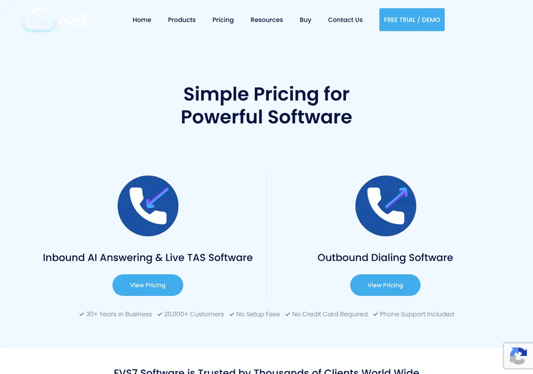 Screenshot of EVS7's pricing page at evs7.com